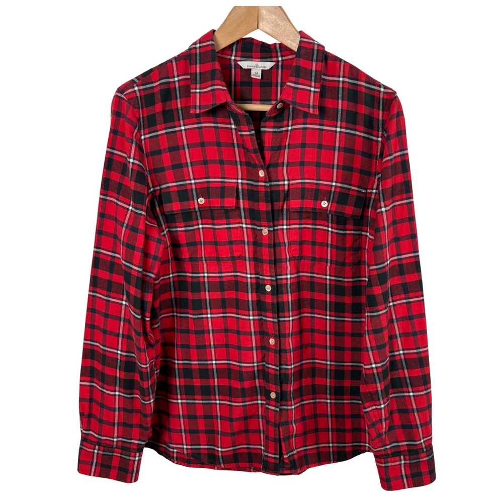 L.L. Bean Signature Lightweight Flannel Plaid Shirt Women's 14 Red Cotton 293404